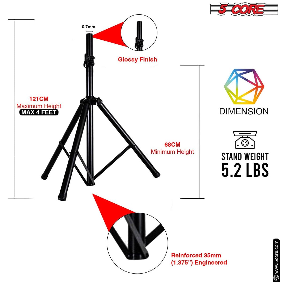 5 Core Speaker Stand Tripod Pair Floor Adjustable Up to 48 Inch DJ Studio Monitor Stands Short Pole Mount - SS HD 2PK 4FT WB