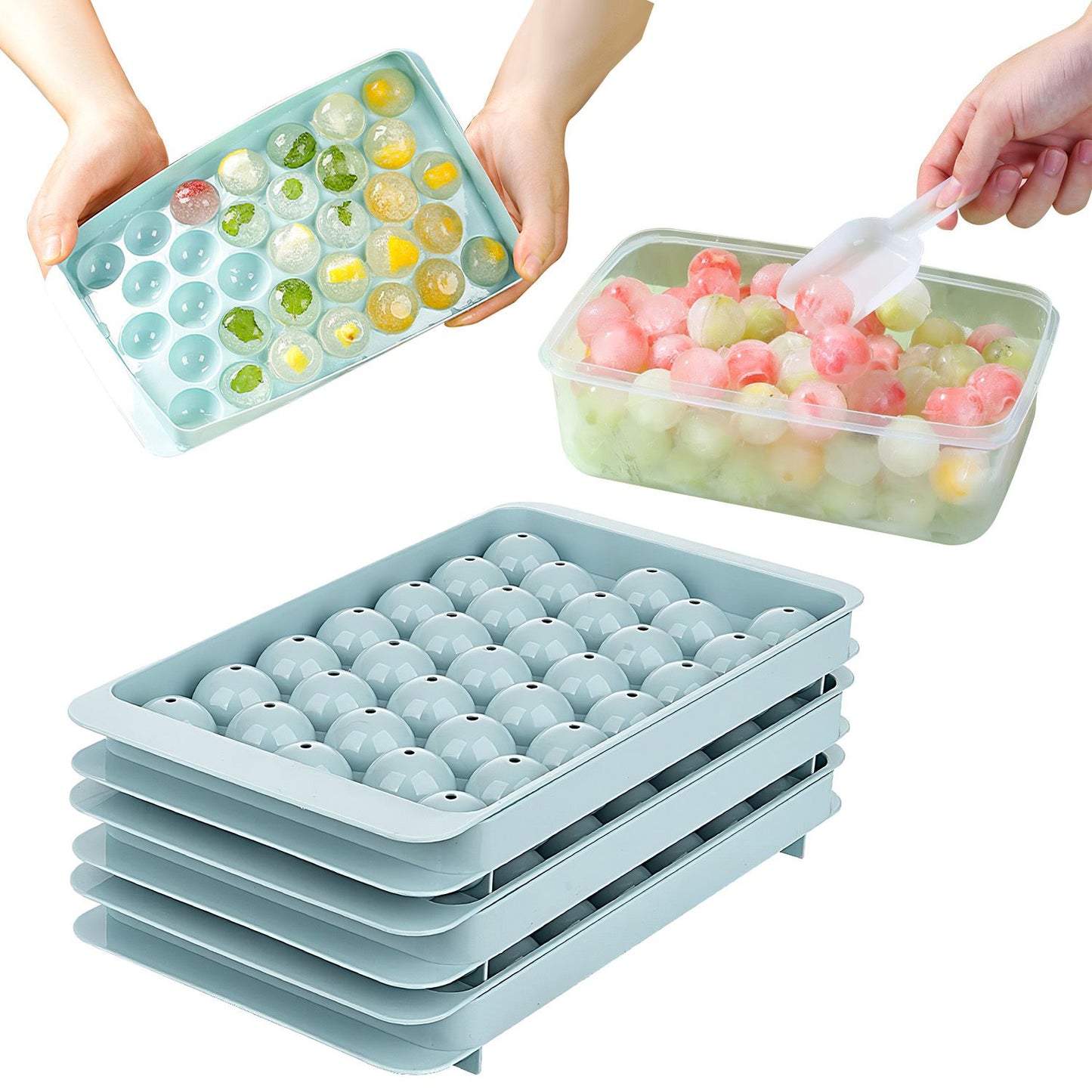 4 Packs Small Ice Cube Trays Mini Circle Ice Cube Tray Round Ice Ball Maker Mold with Lid Bin 132Pcs Ice Cubes for Chilling Drinks Coffee Juice Cocktail Whiskey