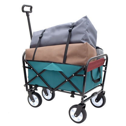 Collapsible Foldable Wagon Cart with strapping system Beach Wagon Utility Cart Utility Wagon Grocery Cart for for Camping Shopping Sports Gardeing Fishing Supports 225lbs All-Terrain Wheels Cyan