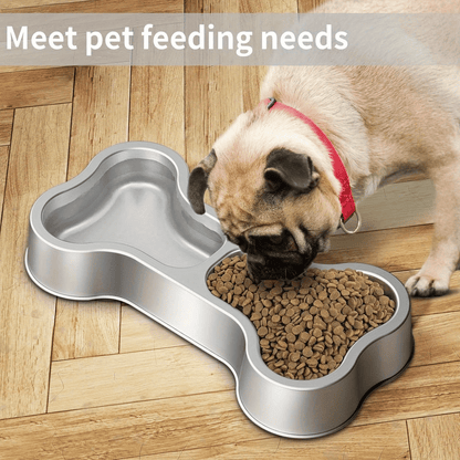 Stainless Steel Dog Food Bowl Bone Shape Dog Dual Dish for Food and Water Metal Pet Bowl Funny Puppy Feeding Bowl Suitable Small Medium-Sized Dogs Cats Double Bowl Sturdy and Durable Non-Slip