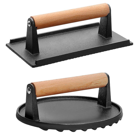 2Pcs Cast Iron Grill Press Pre-Seasoned Steak Weights Smash Burger Press Bacon Meat Smasher with Wood Handle 7in Round & 8.2x4.25in Rectangular Grill Press