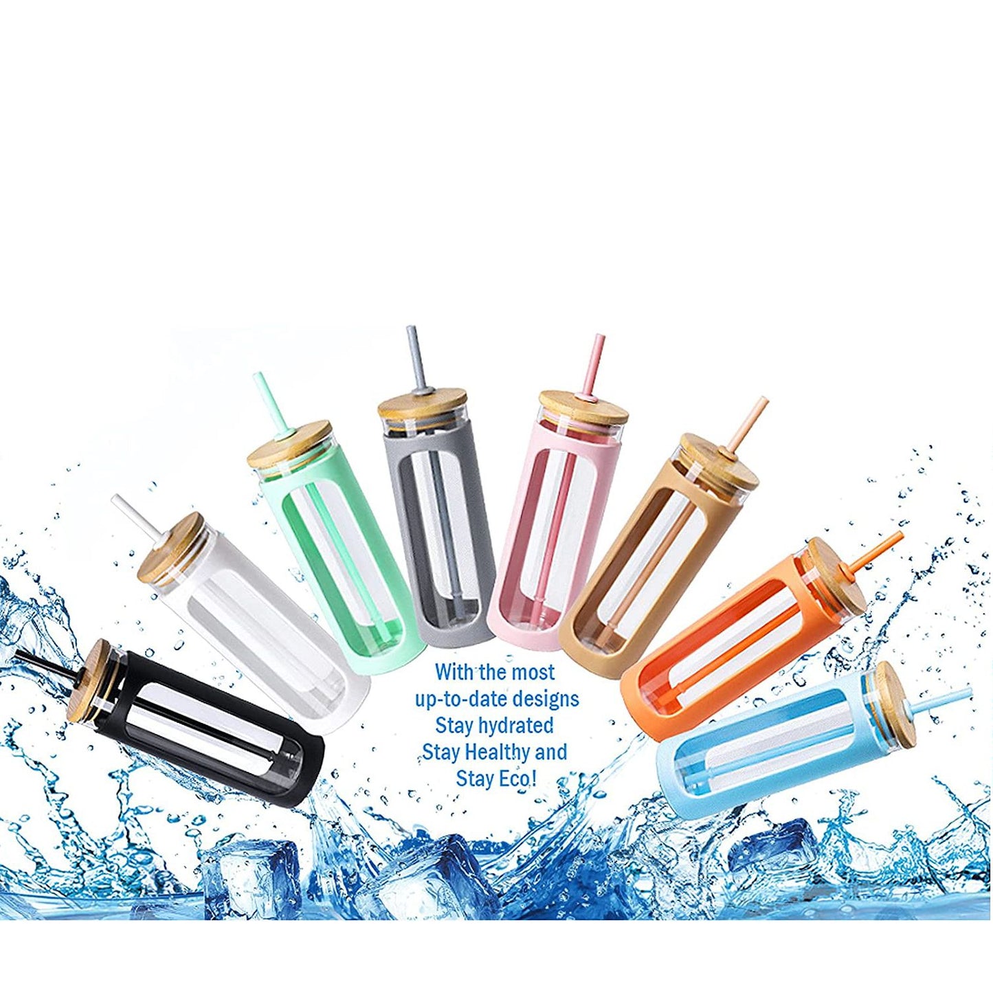 Glass Water Tumble Straw Silicone Bamboo Lids Iced Coffee Cup Bottle Reusable