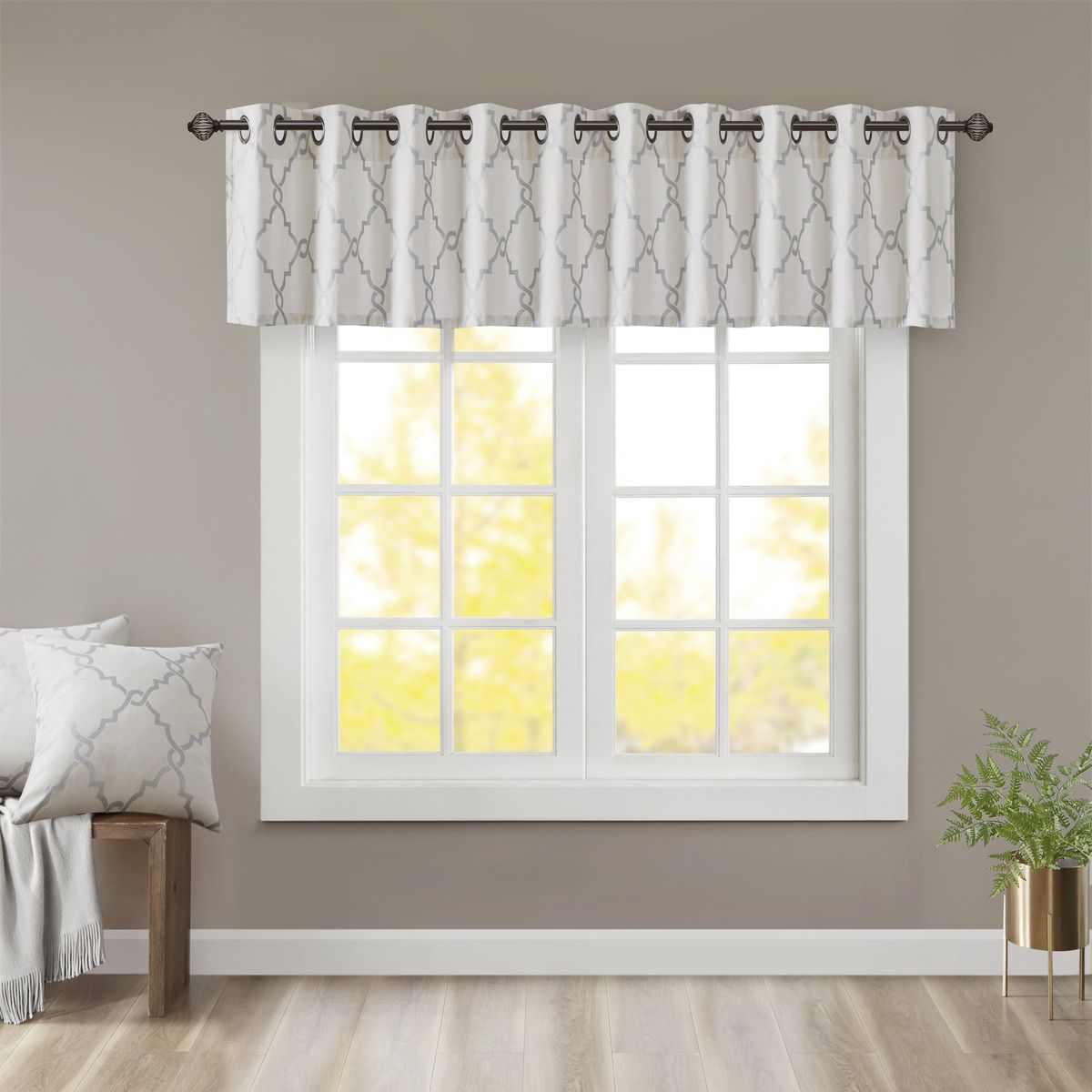 Fretwork Print Grommet Top Window Valance Ivory/Grey 50x18"