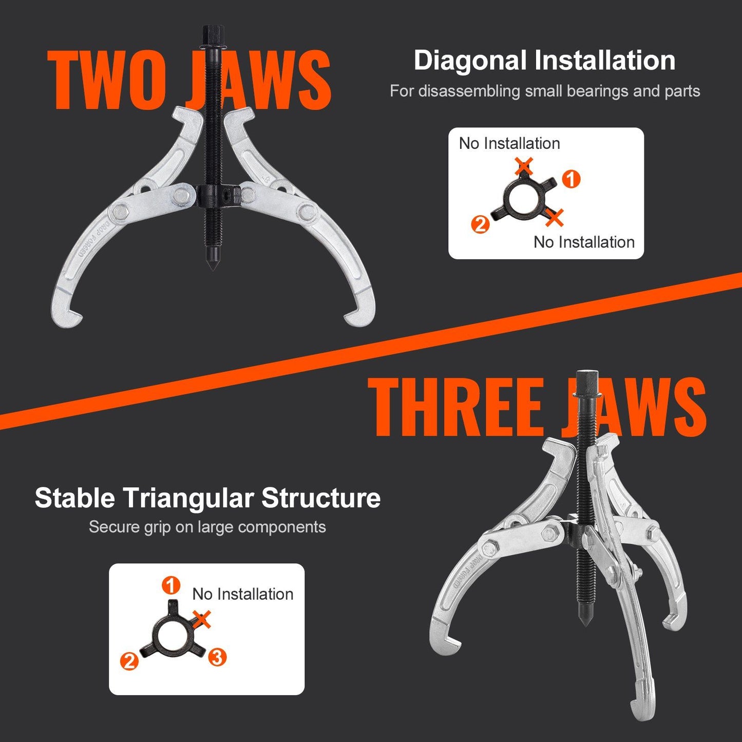 VEVOR Gear Puller Set, 3" 4" 6" 8" Puller Kit, 3 Jaw Gear Bearing Flywheel Pulley Removal Tool, 2 or 3 Reversible Jaws Wheel Puller, Vertically and Horizontally, External and Internal, 4-Piece