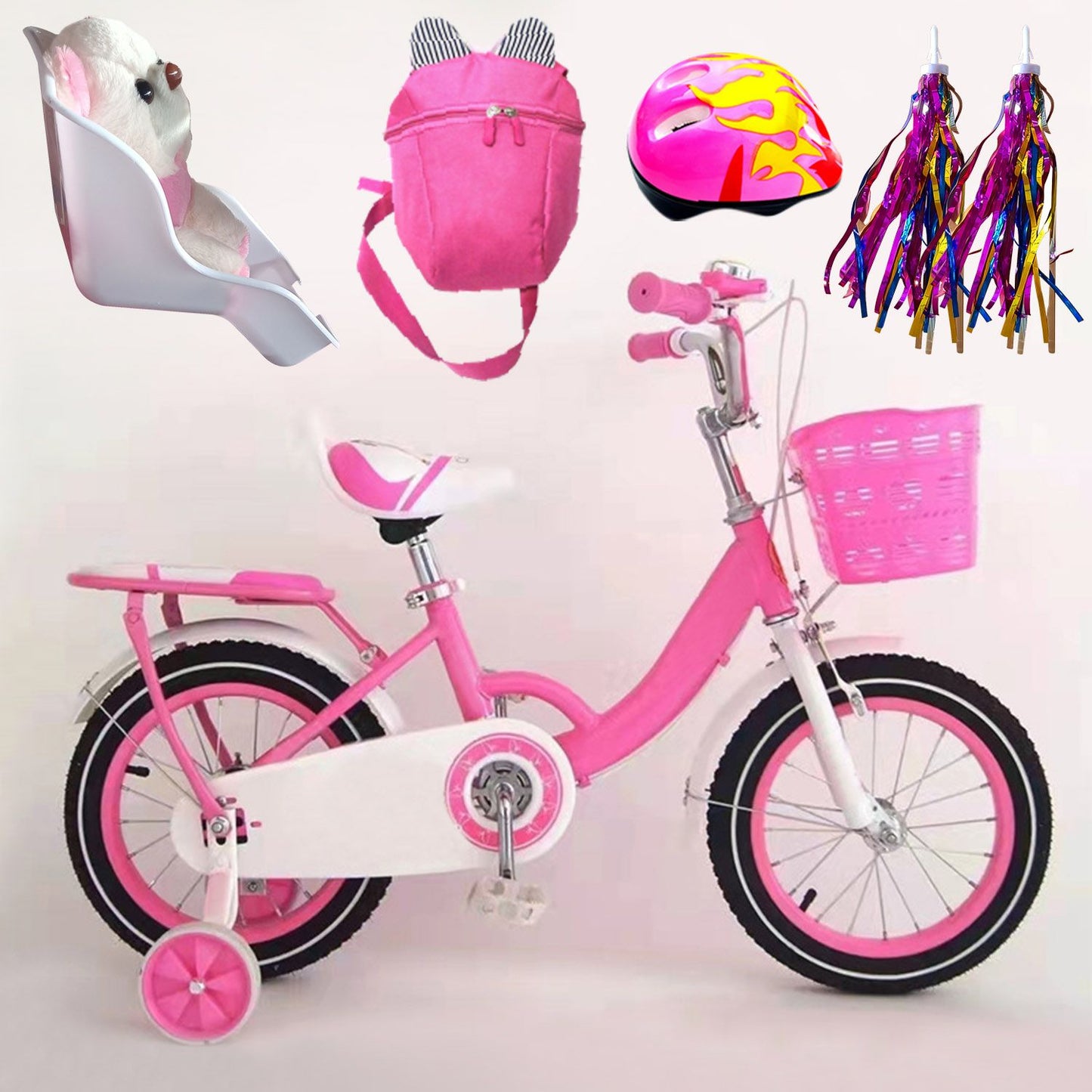 new 12in Carbon Steel Kid Bike with Backpack Streamers Helmet Detachable Training Wheels