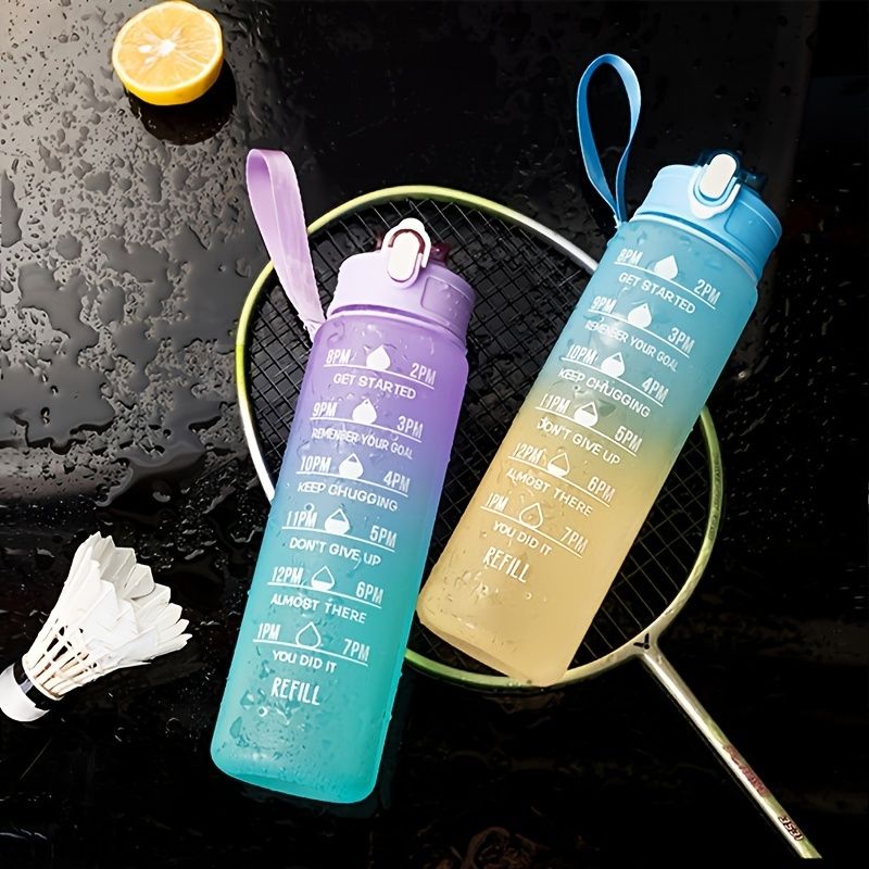 32oz/900mL Motivational Water Bottle With Straw & Time Marker; Daily Water Intake Bottle With Carrying Strap For Fitness Gym School Mountain Climbing Yoga Hiking