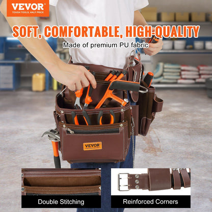 VEVOR Tool Belt, 22 Pockets, Adjust from 29 Inches to 54 Inches, Premium PU Heavy Duty Tool Pouch Bag, Detachable Tool Bag for Electrician, Carpenter, Handyman, Woodworker, Construction, Framer, Brown