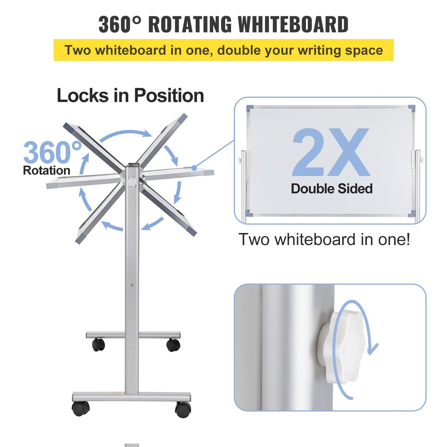 VEVOR Mobile Magnetic Whiteboard, 36 x 24 Inch, Double Sided, 360 Degree Reversible Rolling Dry Erase Board, Height Adjustable with Aluminum Frame and Lockable Swivel Wheels, for Office School Home