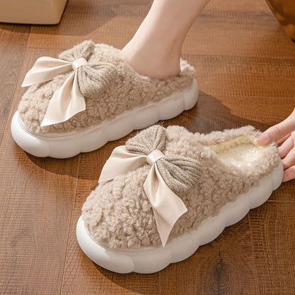 Winter Warm Fur Slippers For Women Cute Bow House Non Slip Soft Shoes Comfort Flat Heel Home Indoor Bedroom Plush Slippers