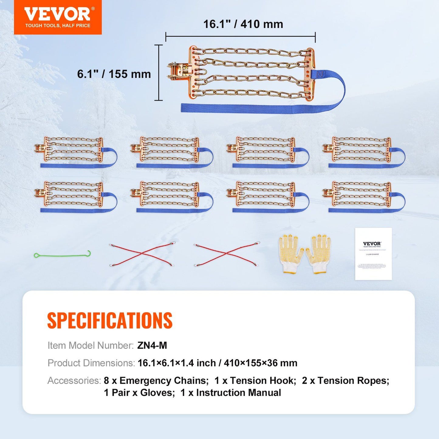 VEVOR 16 PCS Snow Chains Tire Width 8-8.8 in/205-225 mm for Car/Pickup/SUV/Truck