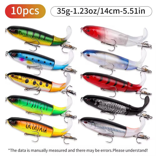 RTGSE 10Pcs Fishing Lure for Bass Whopper Topwater Fishing Lures with Floating Rotating Tail Barb Treble Hooks in Saltwater Freshwater Plopping Lures Kit