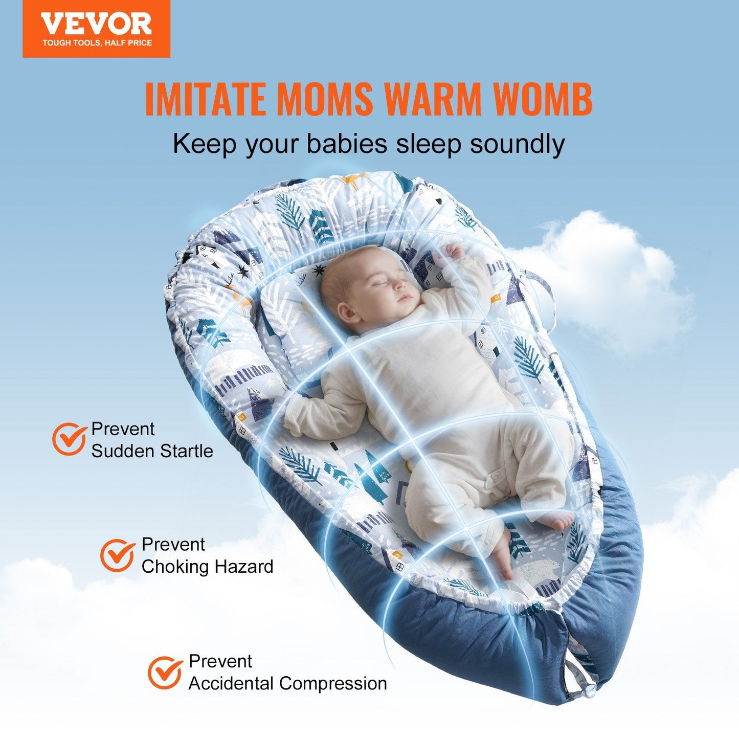 VEVOR Baby Lounger 100% Cotton Newborn Nest Sleeper with Headrest and 2 Covers