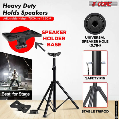 5 Core Speaker Stand Tripod Pair Floor Adjustable Up to 48 Inch DJ Studio Monitor Stands Short Pole Mount - SS HD 2PK 4FT WB