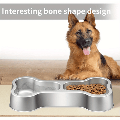 Stainless Steel Dog Food Bowl Bone Shape Dog Dual Dish for Food and Water Metal Pet Bowl Funny Puppy Feeding Bowl Suitable Small Medium-Sized Dogs Cats Double Bowl Sturdy and Durable Non-Slip