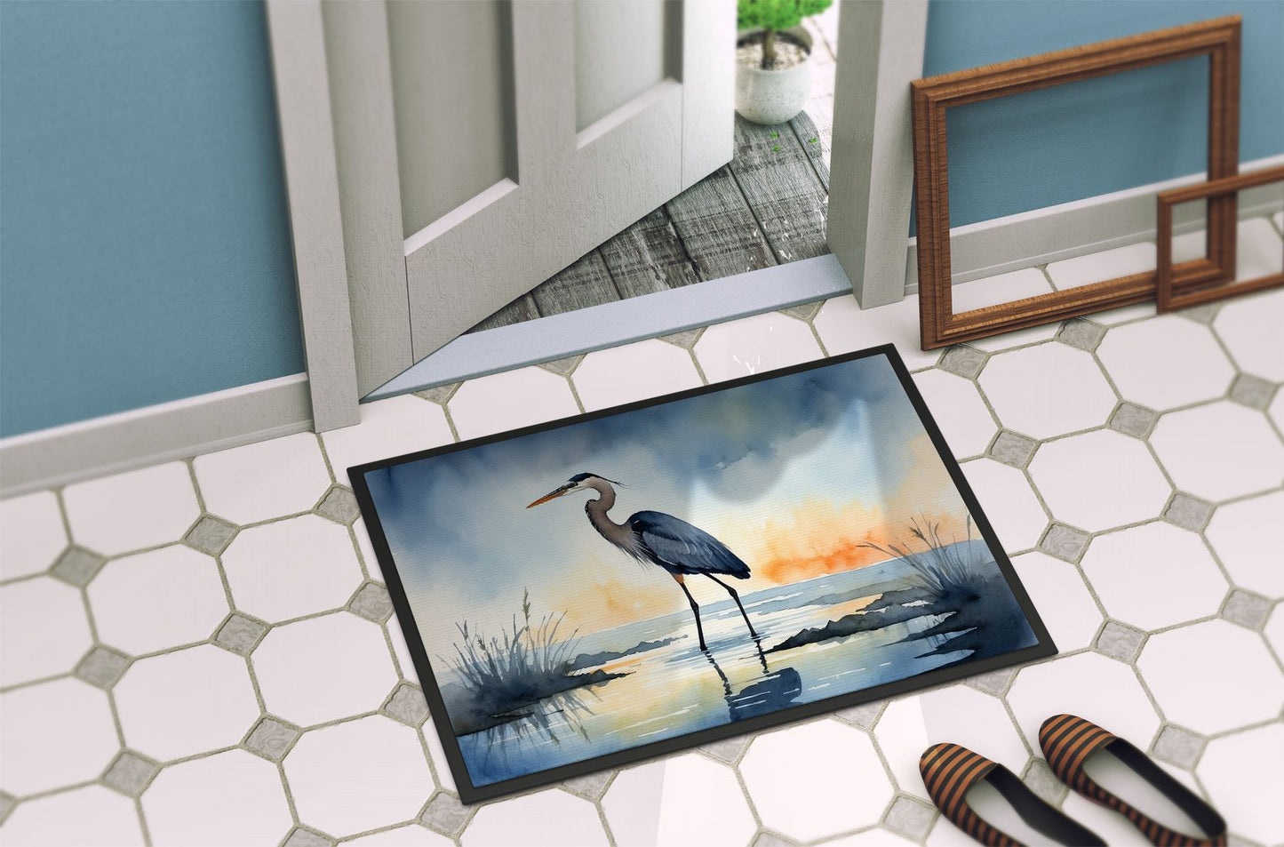 Blue Heron Barely Lit Sky Doormat Front Door Mat Indoor Outdoor Rugs for Entryway, Non Slip Washable Low Pile, 24H X 36W