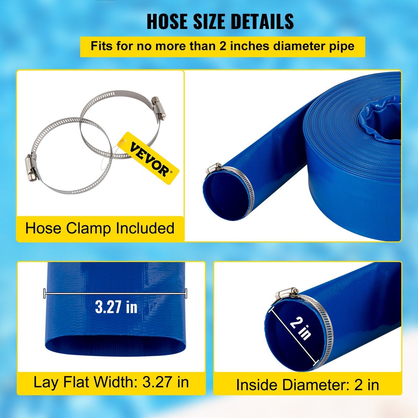 VEVOR Discharge Hose, 2" x 105', PVC Fabric Lay Flat Hose, Heavy Duty Backwash Drain Hose with Clamps, Weather-proof & Burst-proof, Ideal for Swimming Pool & Water Transfer, Blue