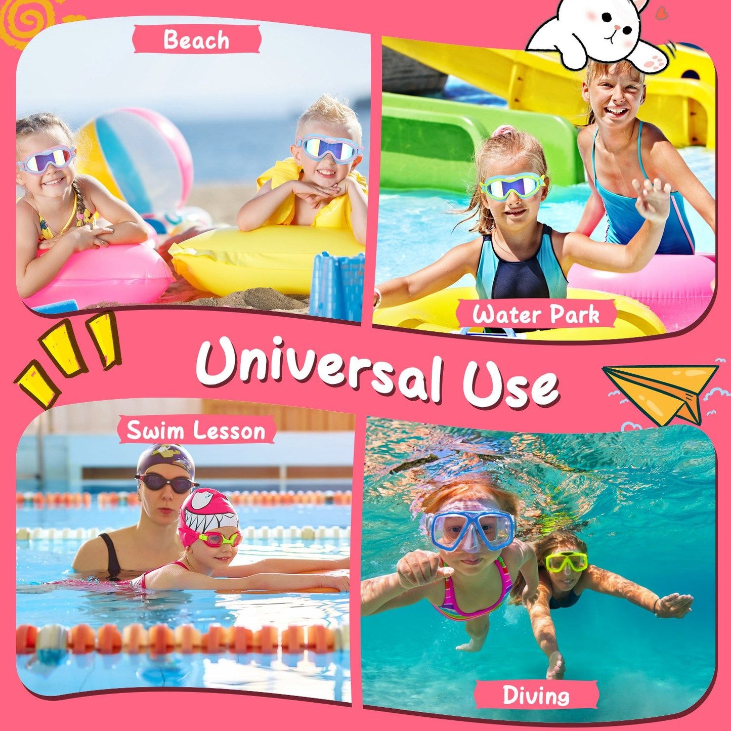 Kids Swim Goggles With Ear Plugs UV Protection Anti-Fog Leak Proof Wide View Pool Swimming Goggles For Youth Boys Girls Aged 3-16 Years Old Summer Beach Water Park