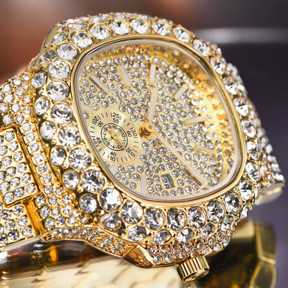 Full Diamond Hip Hop Calendar Luminous Quartz Waterproof Business Men's Gold Watch