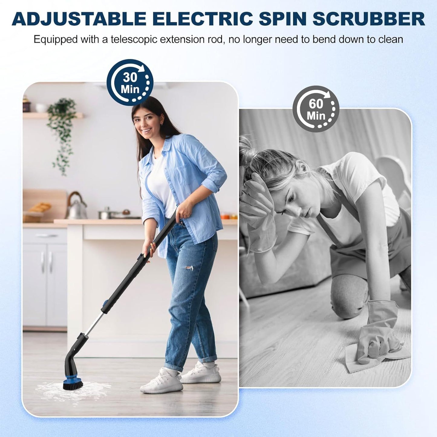 Electric Spin Scrubber, Cordless Cleaning Brush with 4 Replaceable Brush Heads and Adjustable Extension Handle Power Shower Scrubber for Bathroom, Kitchen, Tub, Tile, Floor