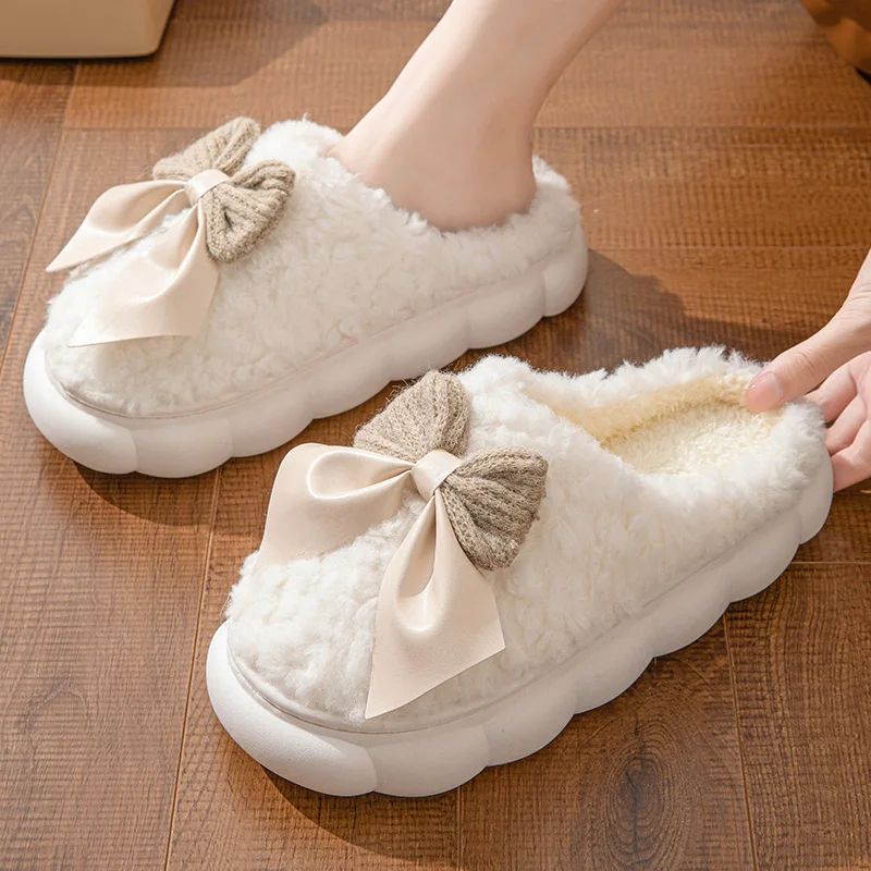 Winter Warm Fur Slippers For Women Cute Bow House Non Slip Soft Shoes Comfort Flat Heel Home Indoor Bedroom Plush Slippers