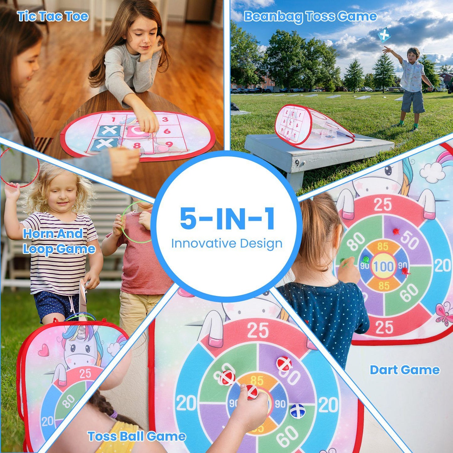 5 in 1 Bean Bag Toss Game Toy Corn Hole Game Beanbag Toss Game Dart Board Game Loop Toss Game Outdoor Activities Party Backyard Games Set for Boys Girls Toddlers Kids