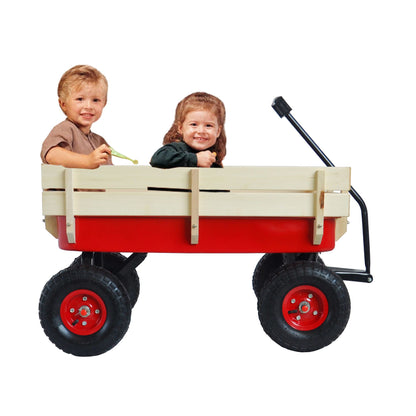 Outdoor station wagon all-terrain pull wooden railing pneumatic tire children's garden (red)