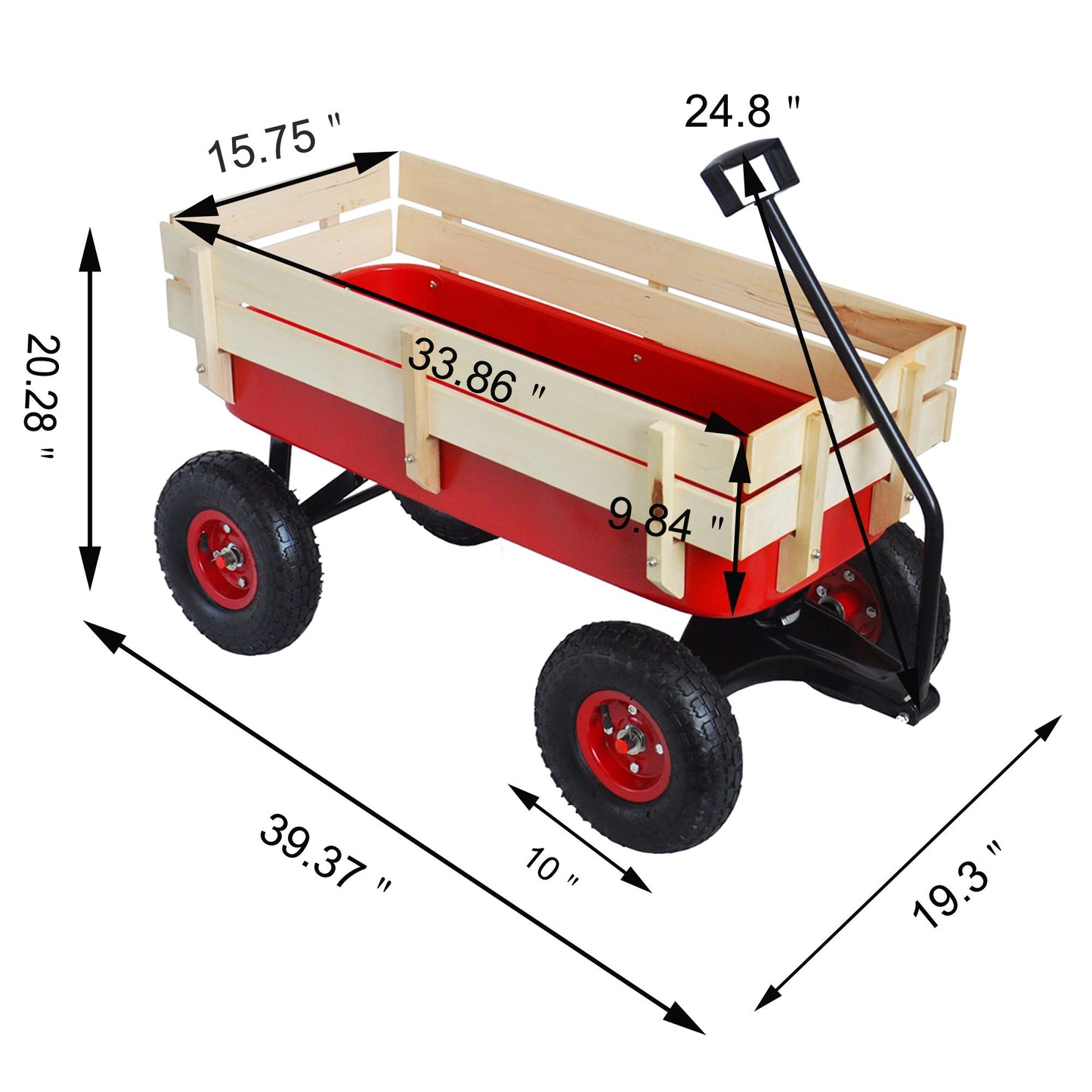 Outdoor station wagon all-terrain pull wooden railing pneumatic tire children's garden (red)