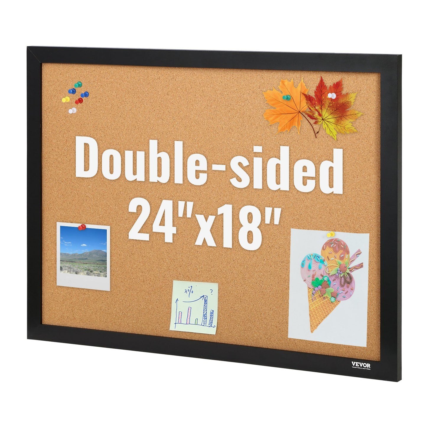 VEVOR Cork Board, 24 x 18 inches, Double-sided Bulletin Board with MDF Sticker Frame, Vision Board Includes 10 Pushpins, for Display and Decoration in Office Home and School