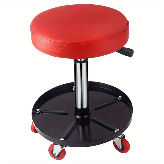 Heavy Duty Rolling Pneumatic Creeper Garage/Shop Seat: Padded Adjustable Mechanic Stool with Tool Tray Storage, Red 300 LBS