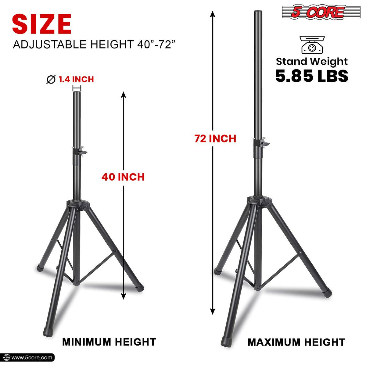 5 Core Speaker Stand Tripod Floor Heavy Duty Adjustable Up to 72 Inch DJ Studio Monitor Stands Pole Mount - SS HD BLK WOB