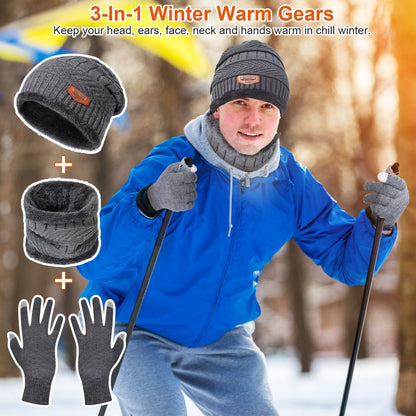 3-Pieces Winter Hat Gloves Scarf Set, Knit Warm Beanie Hat Neck Warmer Touch Screen Mittens for Women and Men, Great Christmas Gift