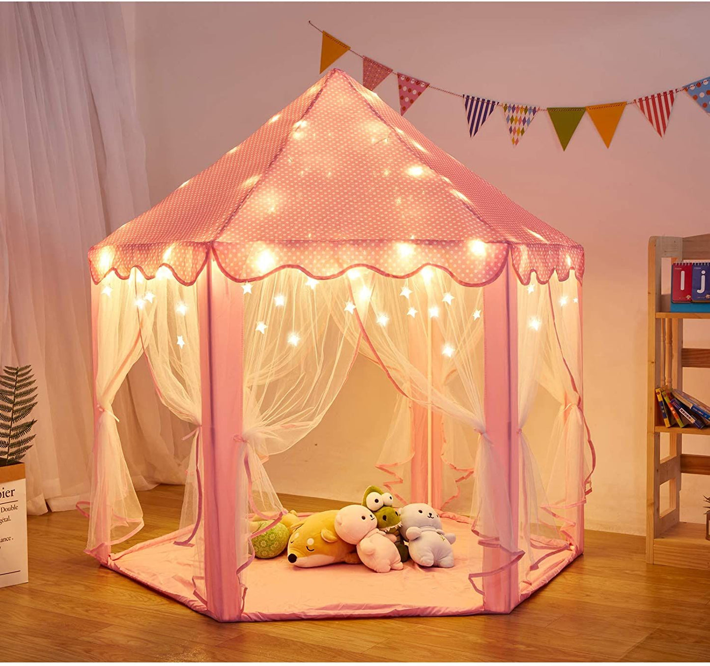 Outdoor Indoor Portable Folding Princess Castle Tent Kids Children Funny Play Fairy House Kids Play Tent(Warm LED Star Lights)