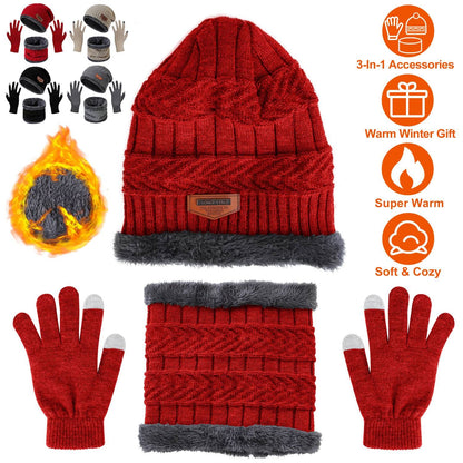 3-Pieces Winter Hat Gloves Scarf Set, Knit Warm Beanie Hat Neck Warmer Touch Screen Mittens for Women and Men, Great Christmas Gift