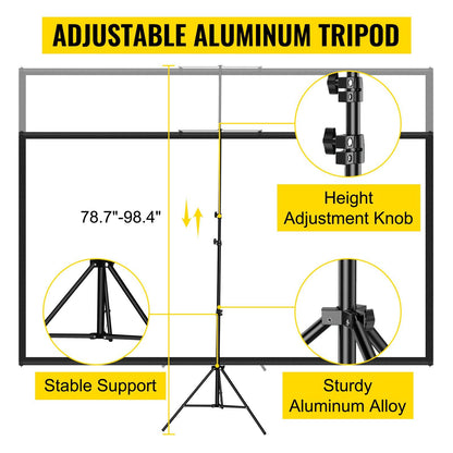 VEVOR Tripod Projector Screen with Stand 100inch 16:9 4K HD Projection Screen Stand Wrinkle-Free Height Adjustable Portable Screen for Projector Indoor & Outdoor for Movie, Home Cinema, Gaming, Office