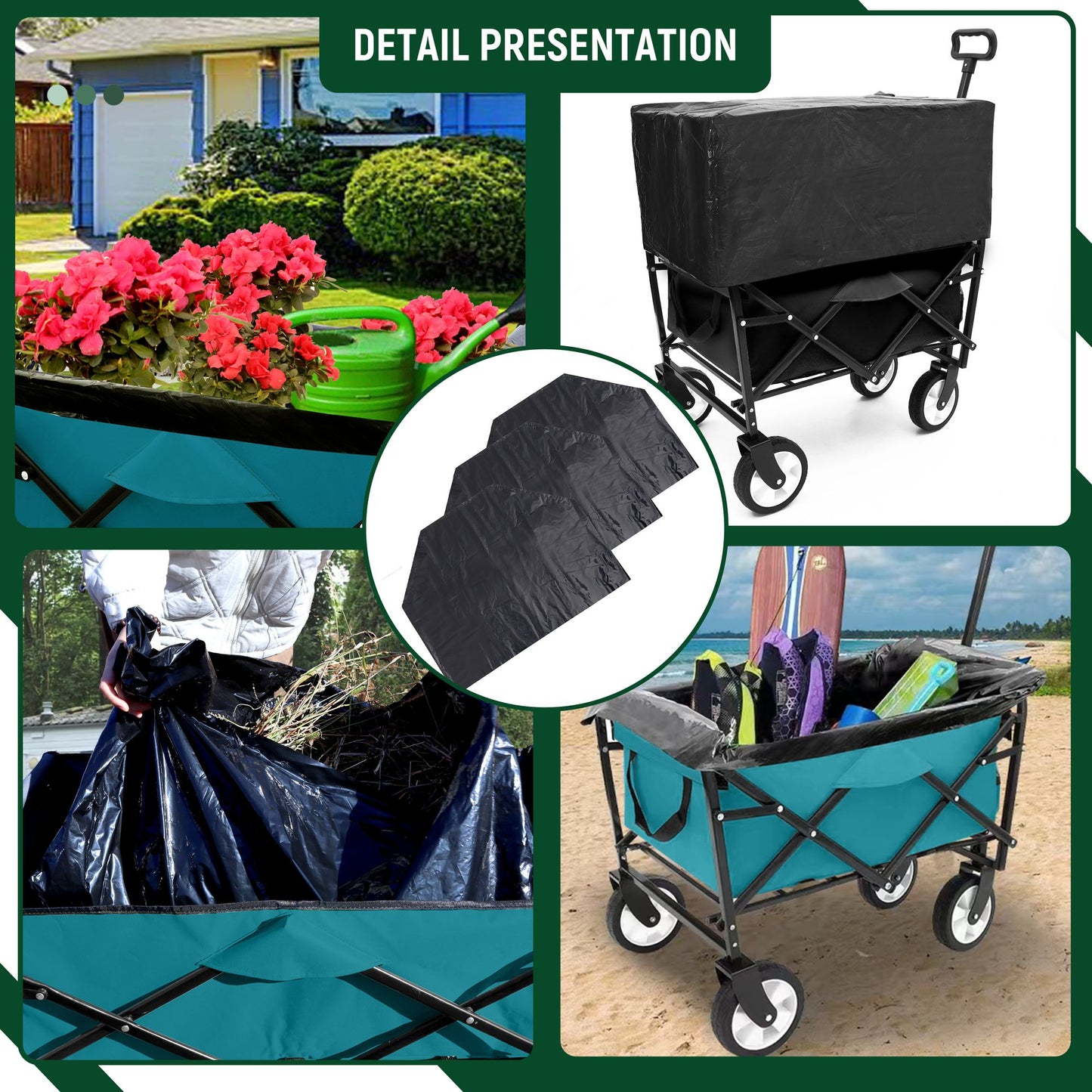 Collapsible Foldable Wagon Cart with strapping system Beach Wagon Utility Cart Utility Wagon Grocery Cart for for Camping Shopping Sports Gardeing Fishing Supports 225lbs All-Terrain Wheels Cyan