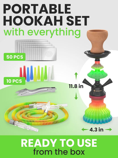 Rasta Hookah Set 2 Hose Hookah LilOne 12 inch Colorful Hookah 2 Hose Hookah Set with 50x Foil Hookah Bowl 10x Tips 2x Mouthpiece 2x Colorful Hose with Tongs Portable Hookah Set With Everything