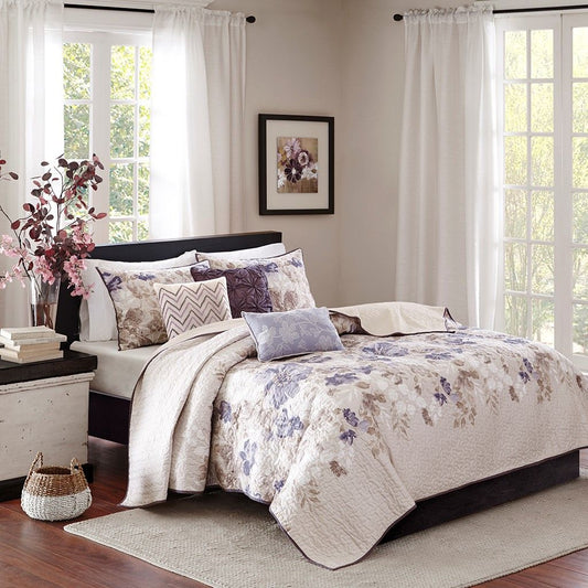 6 Piece Printed Quilt Set with Throw Pillows Taupe Full/Queen