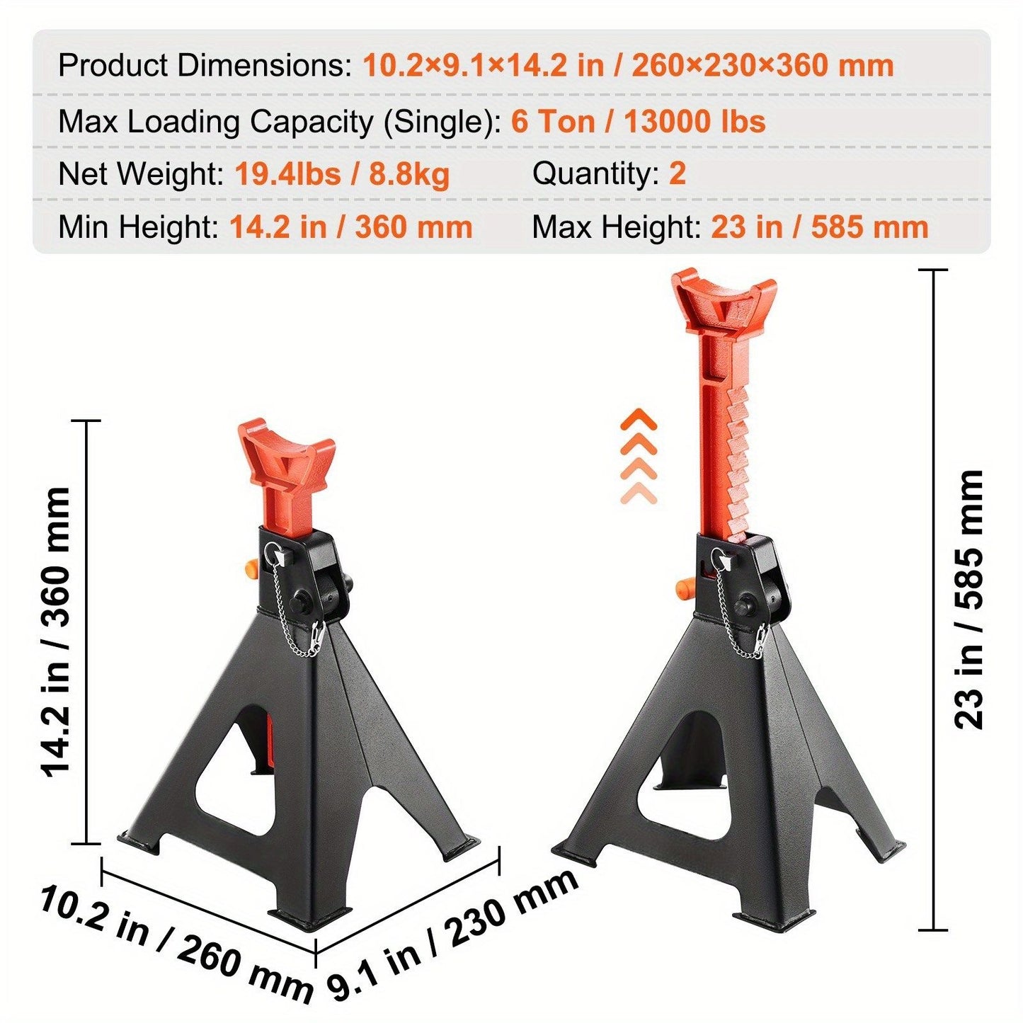 2PCS Iron Stands, 6 Ton (13, 000 lbs) Capacity Car Iron Stands Double Locking, 14.2-23 inch Adjustable Height, for lifting SUV, Pickup Truck, Car and UTV/ATV, Red