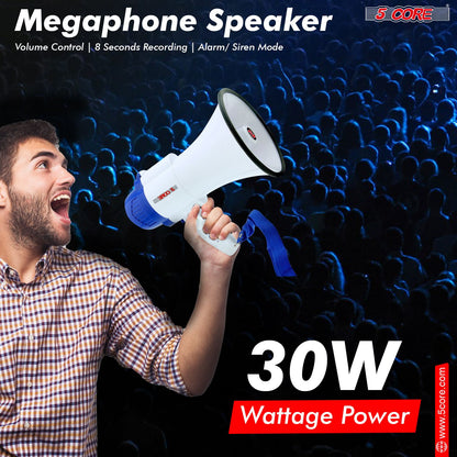 5 Core Megaphone Bullhorn Speaker 30W Bull Horn Battery Power Mini Cheer Megafono 800 Feet Range Loudspeaker W Siren Recording Ergonomic Handle for Coaches Football Baseball Cheerleading - 8R