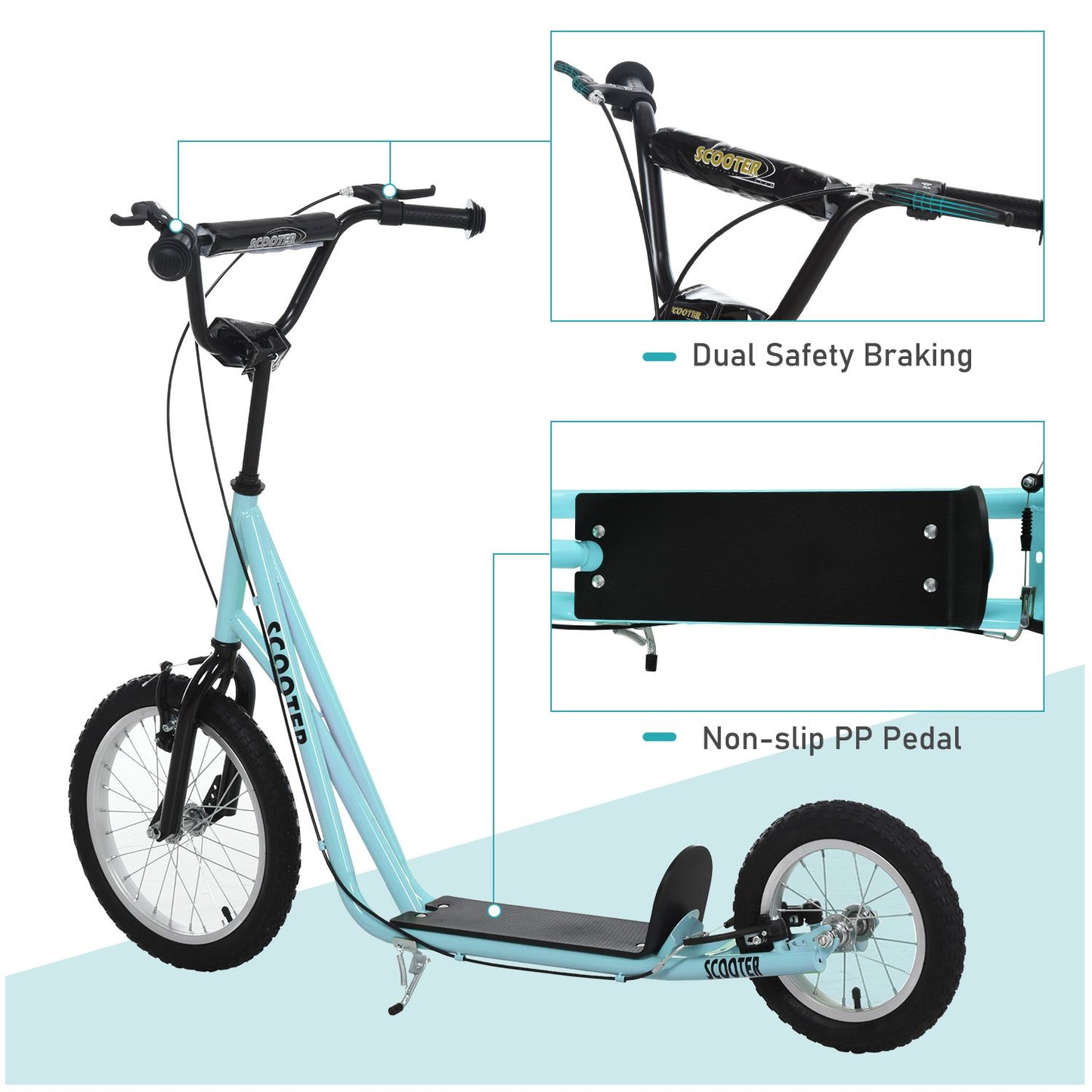 Aosom Youth Scooter, Teens Kick Scooter, Adjustable Handlebar Ride On Toy for 5+ with 16" Front and 12" Rear Dual Brakes Inflatable Wheels, Blue