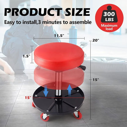 Heavy Duty Rolling Pneumatic Creeper Garage/Shop Seat: Padded Adjustable Mechanic Stool with Tool Tray Storage, Red 300 LBS