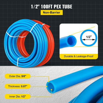 VEVOR PEX Tubing Pipe 2 Rolls of 1/2 Inch X 100 Feet PEX Tubing Non Oxygen Barrier Radiant Floor PEX Pipe Radiant Heat Floor Heating Plumbing Cold and Hot Water Tubing