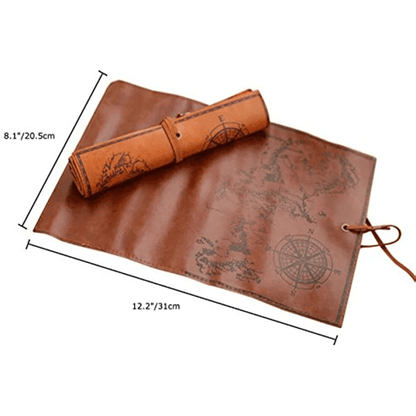 2pcs Vintage Treasure Map Pencil Pouch: 1pc PU Leather Roll-up Pen Bag for Cosmetic & Stationery Storage in Office & School Supplies