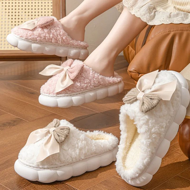 Winter Warm Fur Slippers For Women Cute Bow House Non Slip Soft Shoes Comfort Flat Heel Home Indoor Bedroom Plush Slippers