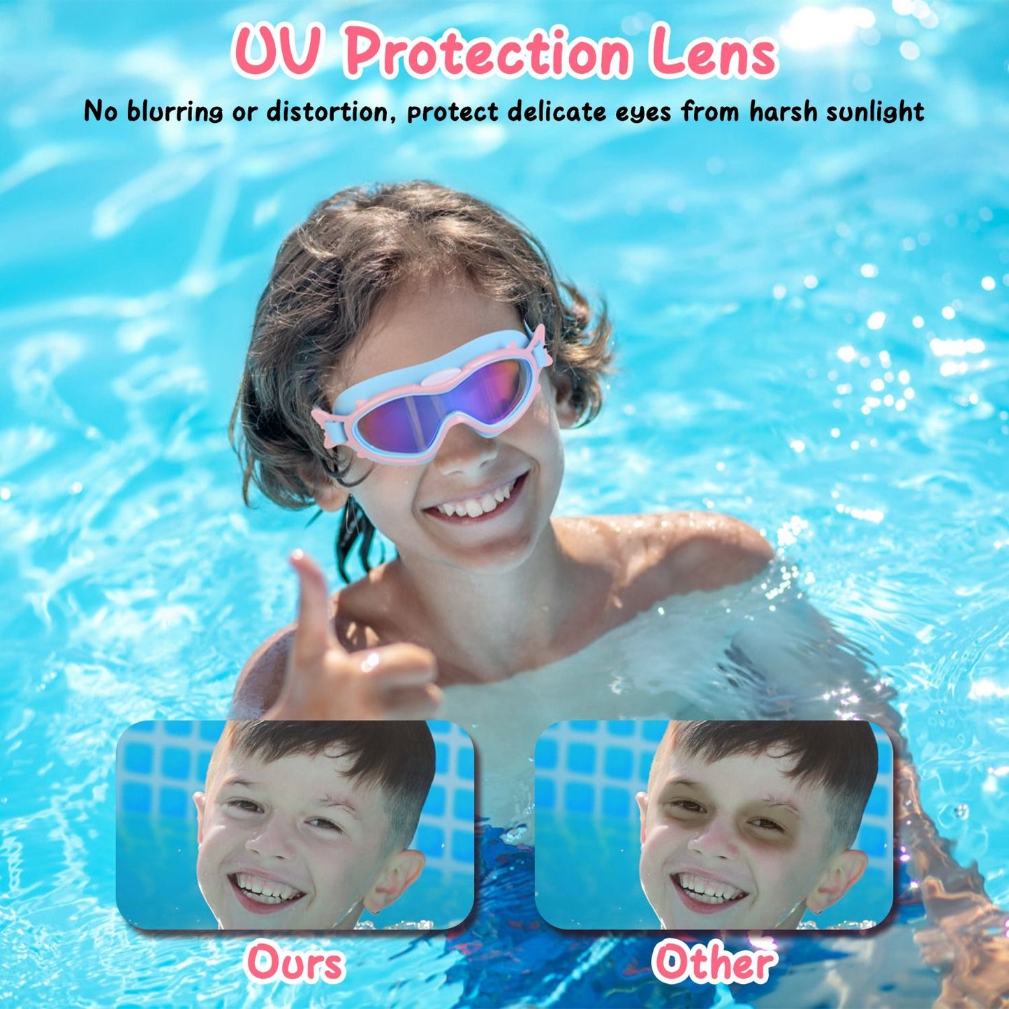 Kids Swim Goggles With Ear Plugs UV Protection Anti-Fog Leak Proof Wide View Pool Swimming Goggles For Youth Boys Girls Aged 3-16 Years Old Summer Beach Water Park