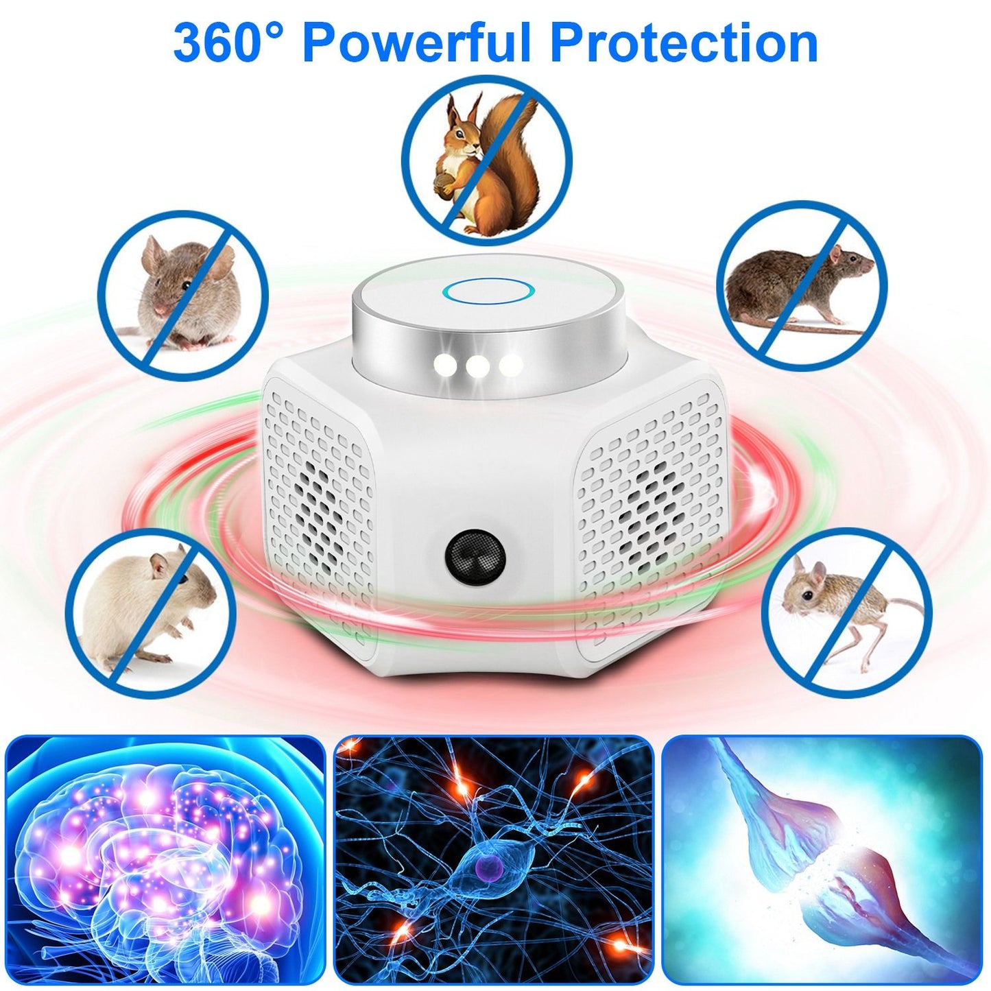 360° Ultrasonic Rodent Chaser Electronic Plug-in Mouse Control for Indoor Use Rodent Deterrent with Ultrasonic Sound