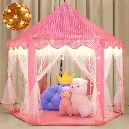 Outdoor Indoor Portable Folding Princess Castle Tent Kids Children Funny Play Fairy House Kids Play Tent(Warm LED Star Lights)