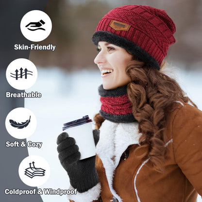 3-Pieces Winter Hat Gloves Scarf Set, Knit Warm Beanie Hat Neck Warmer Touch Screen Mittens for Women and Men, Great Christmas Gift