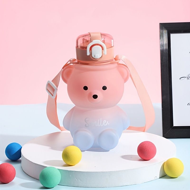 1pc Bear Cute Water Cup; Summer Plastic Cup; Portable Straw Cup; Large-capacity Water Bottle With Strap