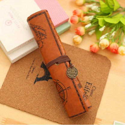 2pcs Vintage Treasure Map Pencil Pouch: 1pc PU Leather Roll-up Pen Bag for Cosmetic & Stationery Storage in Office & School Supplies